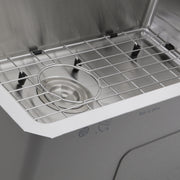 Nantucket Sinks SR3018 close-up of the small radius corner, grid and colander drain