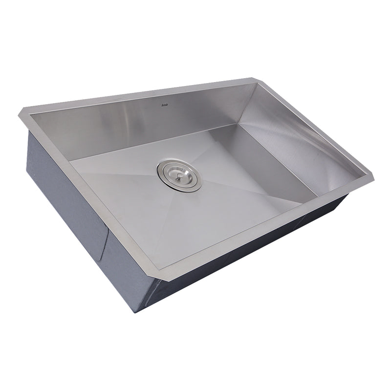 Nantucket Sinks SS-PRO-ZR3018-5.5 three-quarter view of the shallow bowl and colander drain