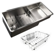 Nantucket Sinks STEPPE3918 sink shown with bottom grid, colander drain and the rinse basket