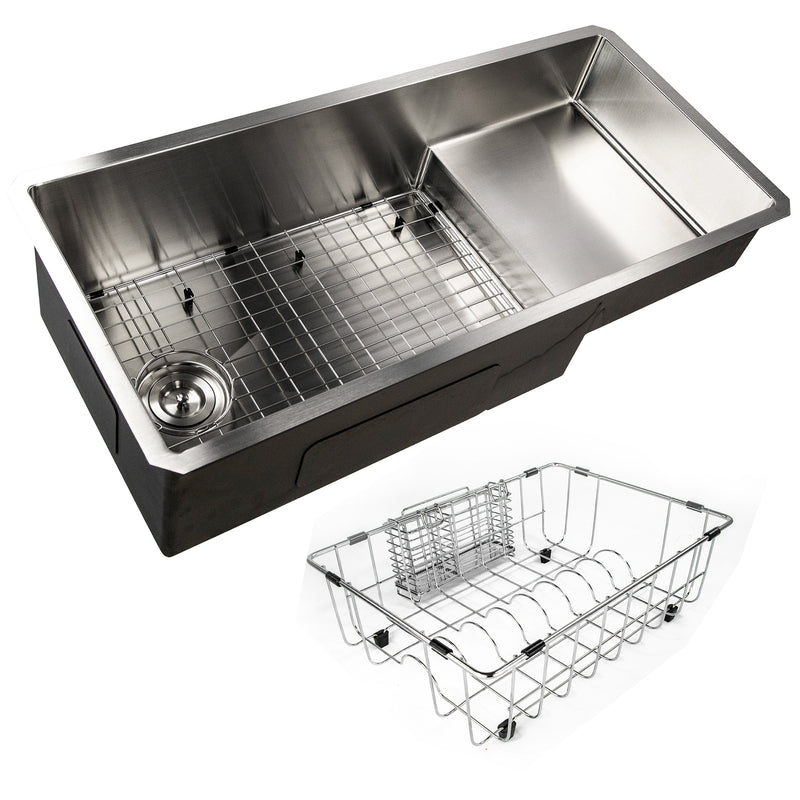 Nantucket Sinks STEPPE3918 sink shown with bottom grid, colander drain and the rinse basket