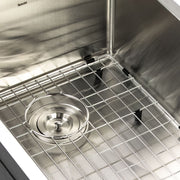 Nantucket Sinks STEPPE3918 close-up of the bottom grid, rubber feet and colander drain