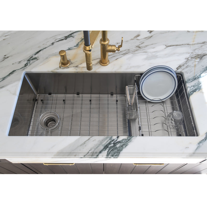 Nantucket Sinks STEPPE3918 overhead view in white marble with dish rack and grid