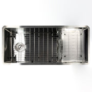 Nantucket Sinks STEPPE3918 overhead view with grid in the deep tier and rinse basket on the step