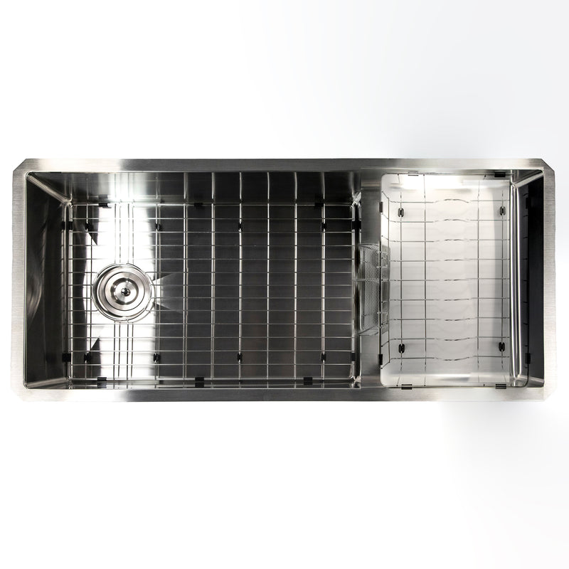 Nantucket Sinks STEPPE3918 overhead view with grid in the deep tier and rinse basket on the step