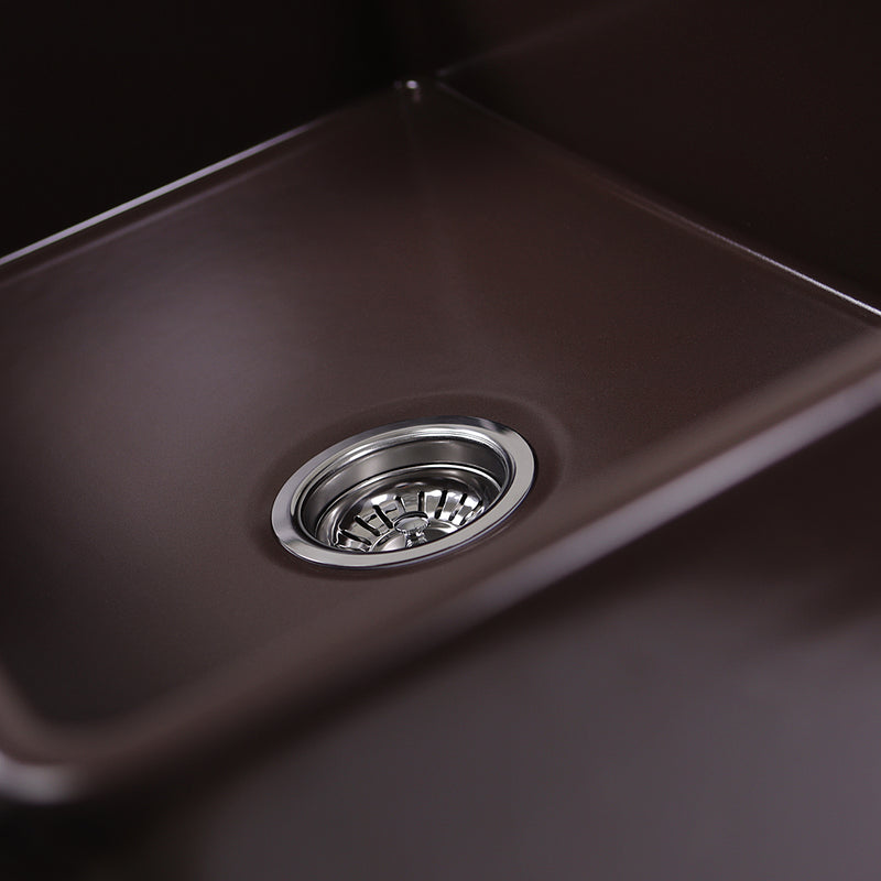 Nantucket Sinks T-FCFS30CB close-up of the Coffee Brown glaze around the basket strainer