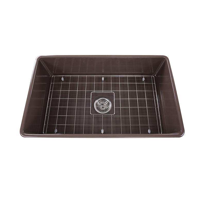 Nantucket Sinks T-FCFS30CB Coffee Brown farmhouse sink elevated front view with grid in the bowl