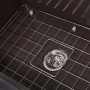Nantucket Sinks T-FCFS30CB close-up of the stainless grid and basket strainer in the Coffee Brown bowl