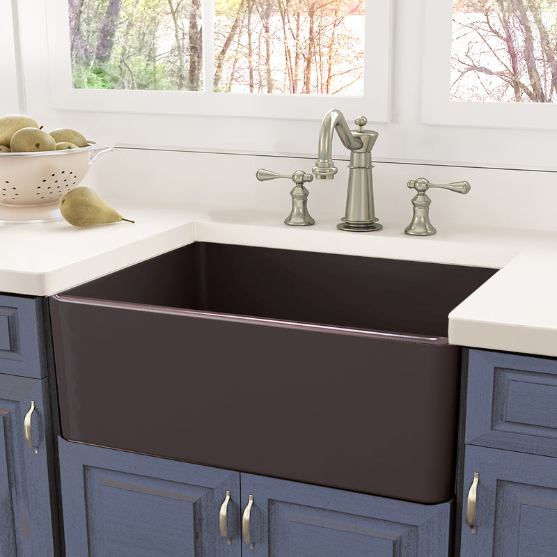 Nantucket Sinks T-FCFS30CB Coffee Brown farmhouse sink in blue cabinets with a white counter