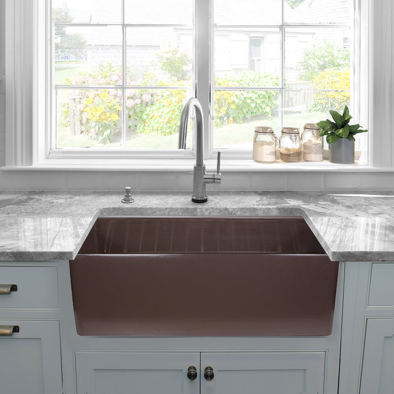 Nantucket Sinks T-FCFS30CB Coffee Brown farmhouse sink below a window with grey stone counters
