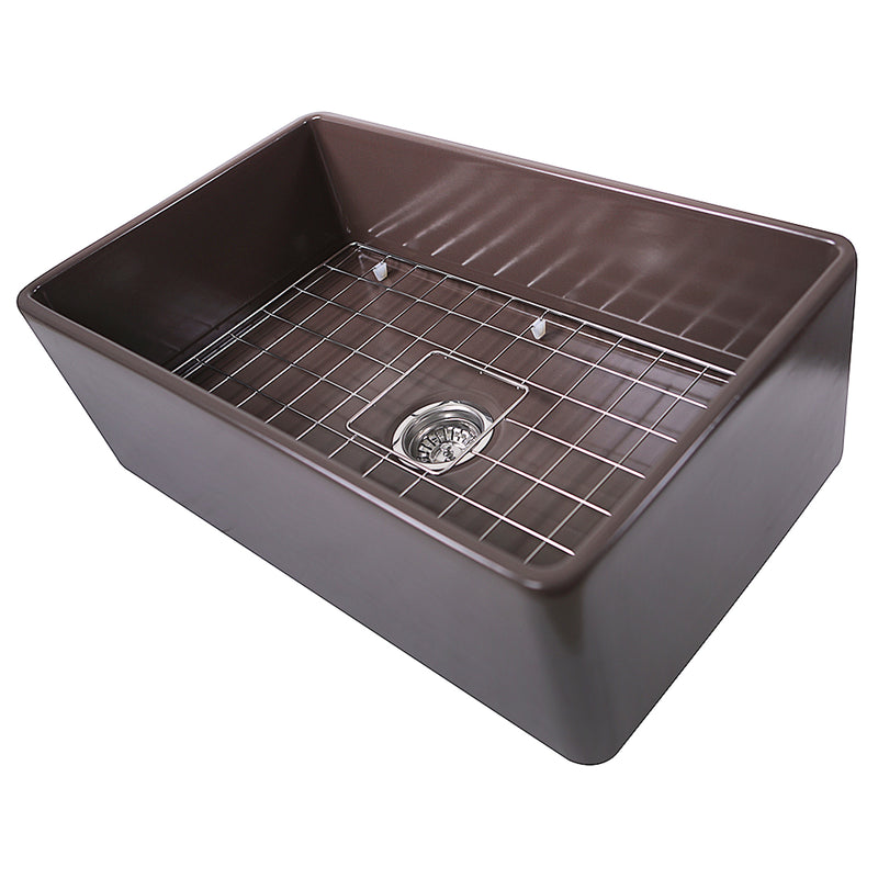 Nantucket Sinks T-FCFS30CB Coffee Brown 30" fireclay farmhouse sink, three-quarter view with grid and drain