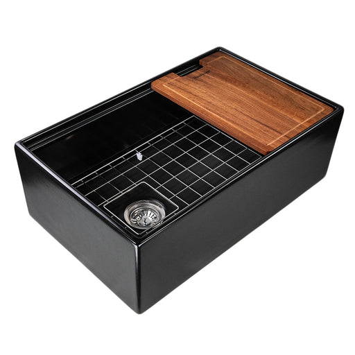 Nantucket Sinks T-PS30MB Matte Black 30" fireclay workstation farmhouse sink with cutting board and grid, three-quarter