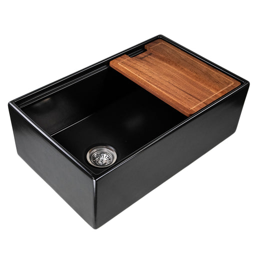 Nantucket Sinks T-PS30MB Matte Black workstation sink three-quarter view with cutting board, grid removed