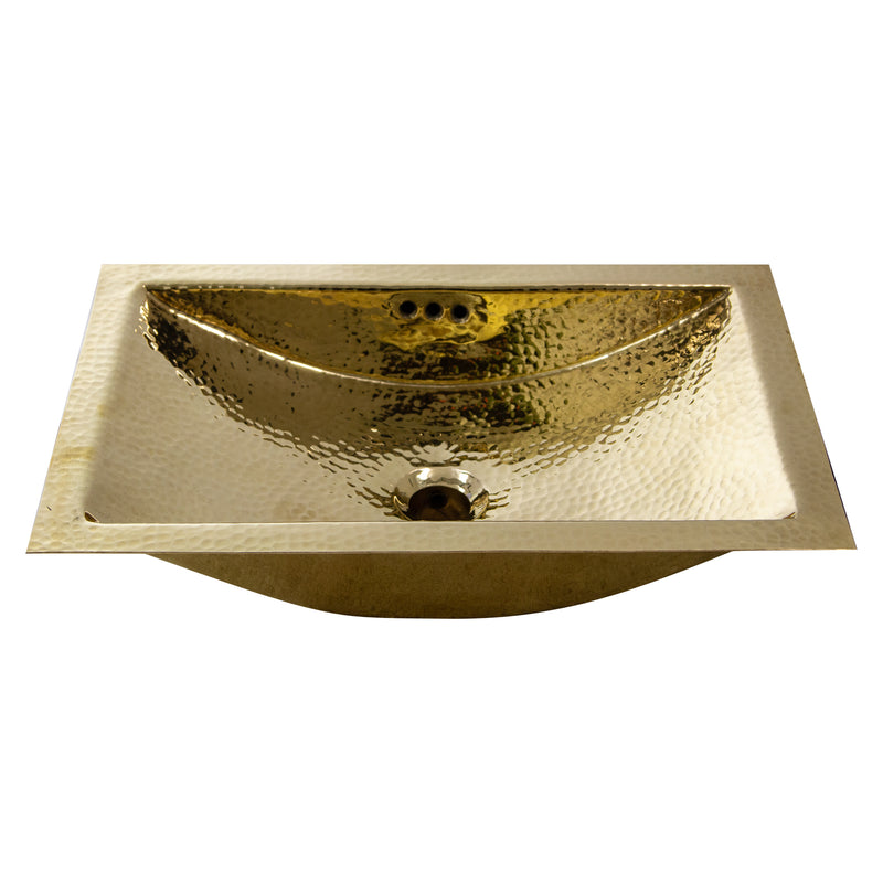 Nantucket Sinks TRB-OF hammered brass trough sink front view showing the curved basin and overflow holes