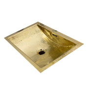 Nantucket Sinks TRB-OF hand hammered polished brass trough bathroom sink with overflow, three-quarter, white background