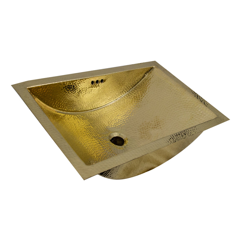 Nantucket Sinks TRB2416-OF 23.5" hand hammered polished brass trough bathroom sink with overflow, white background