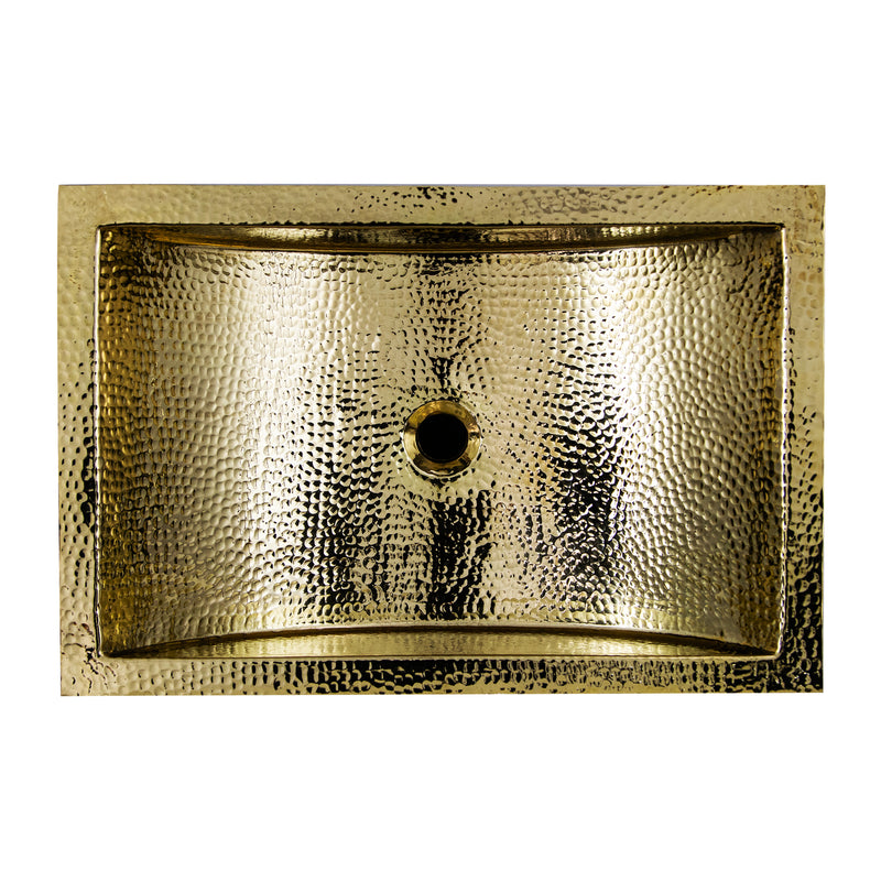 Nantucket Sinks TRB2416-OF hammered brass trough sink straight down from above showing the drain hole
