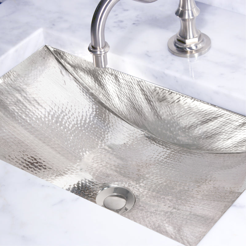 Nantucket Sinks TRS close view installed in white marble with a nickel faucet