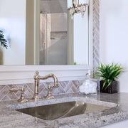 Nantucket Sinks TRS2416 installed in a granite vanity with a bridge faucet