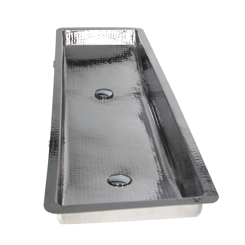 Nantucket Sinks TRS48-OF hammered stainless trough sink viewed lengthwise from one end