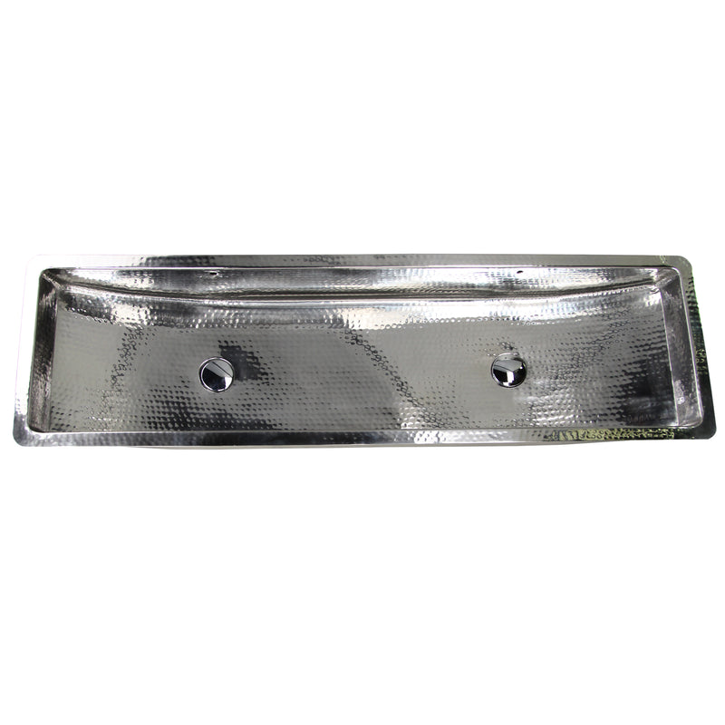 Nantucket Sinks TRS48-OF hammered stainless trough sink front view from slightly above