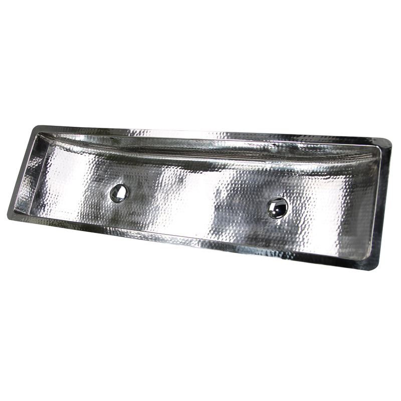 Nantucket Sinks TRS48-OF hammered stainless trough sink angled front view with two drain holes