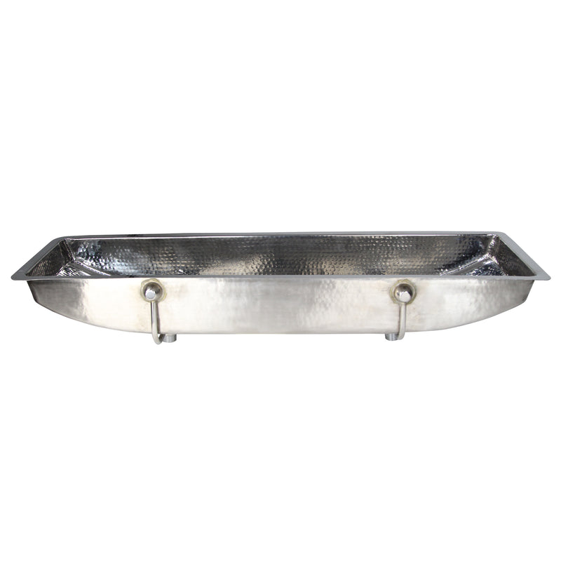 Nantucket Sinks TRS48-OF hammered stainless trough sink side profile showing the two overflow tubes