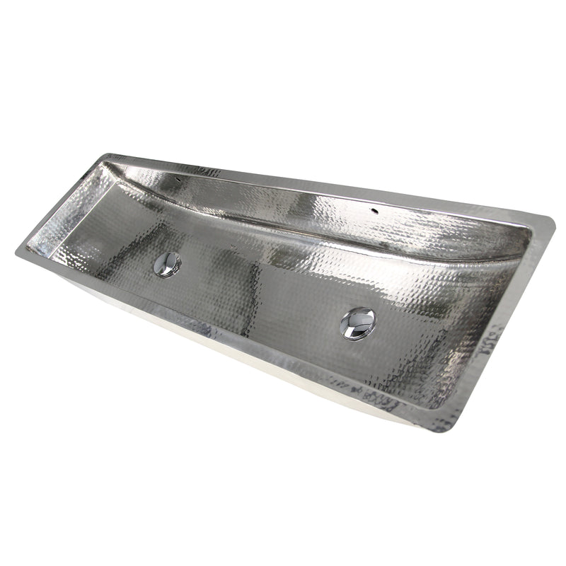 Nantucket Sinks TRS48-OF 48" hand hammered stainless steel trough bathroom sink with two drains, white background
