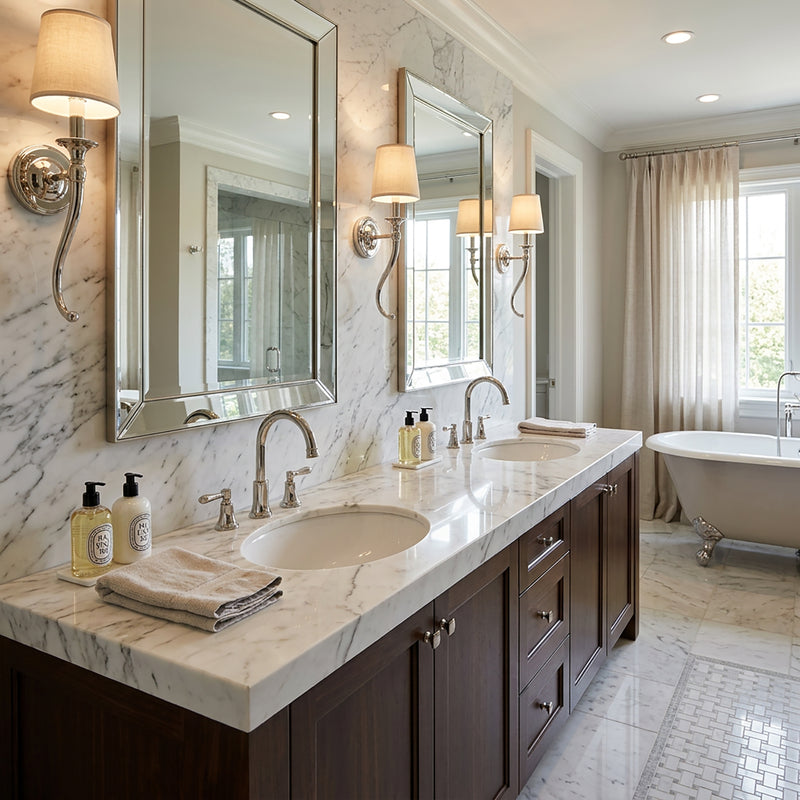 Nantucket Sinks UM-17x14-W-K white oval undermount sinks in a marble double vanity with widespread faucets