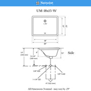 Nantucket Sinks UM-18x13-W Nantucket dimensional drawing of the rectangular undermount sink, top and side views