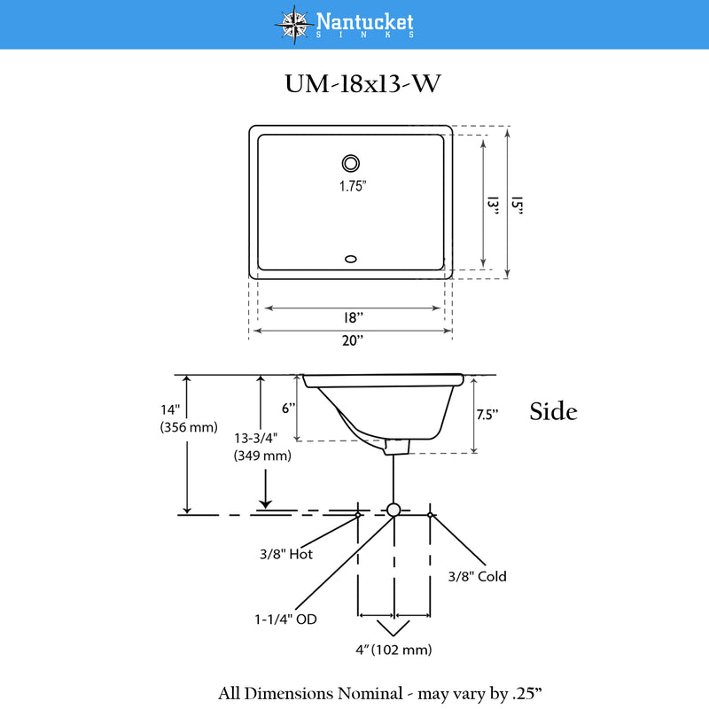 Nantucket Sinks UM-18x13-W Nantucket dimensional drawing of the rectangular undermount sink, top and side views