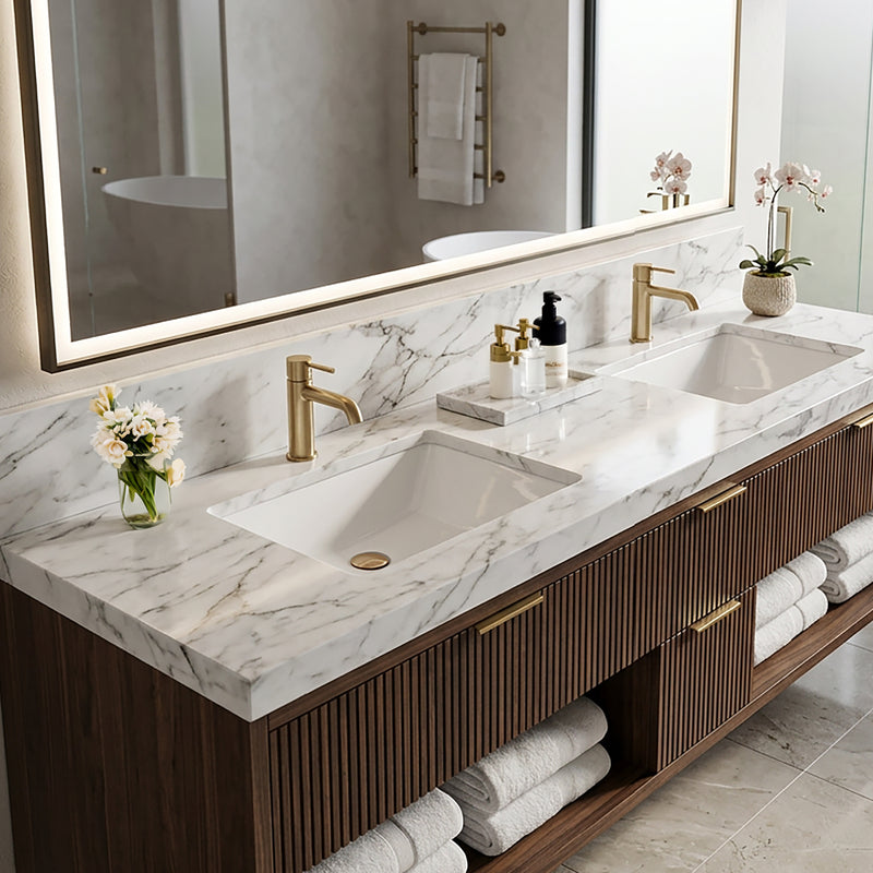 Nantucket Sinks UM-19x11-W white undermount sinks in a marble double vanity with brass faucets