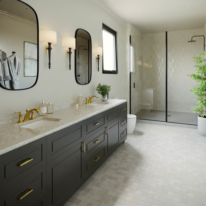 Nantucket Sinks UM-2016C-W white undermount sinks in a black double vanity in a tiled bathroom