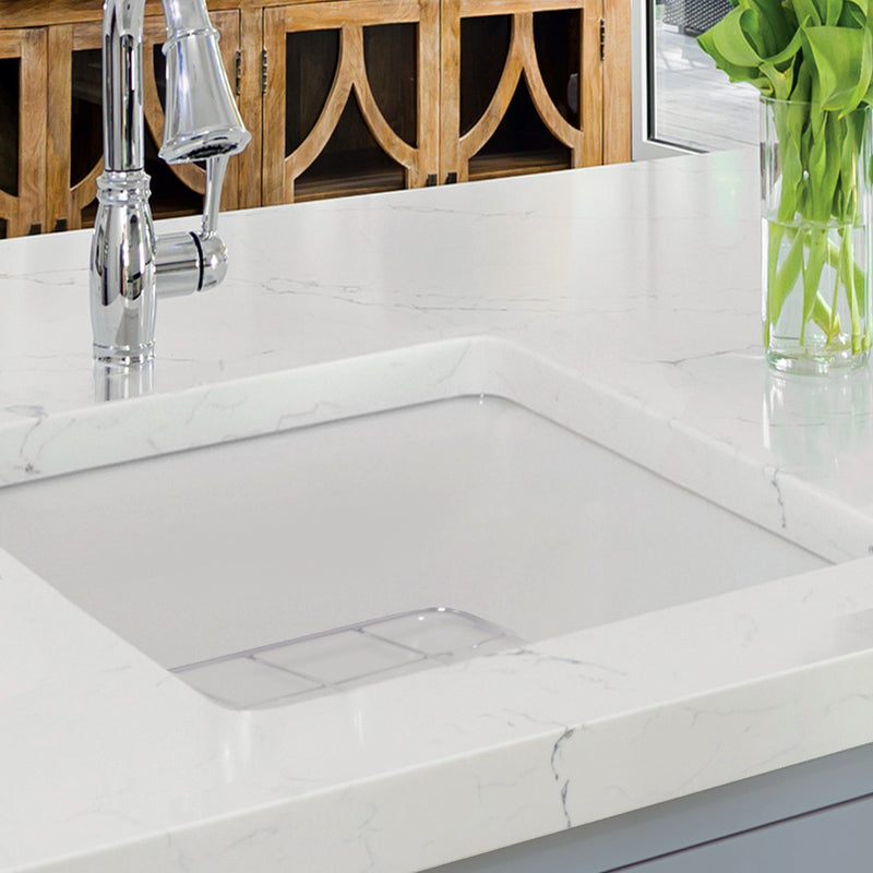 Nantucket Sinks Wellfleet-1818W white square sink undermounted in white quartz under a chrome faucet