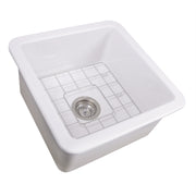 Nantucket Sinks Wellfleet-1818W white 18" square fireclay kitchen sink, three-quarter view with grid and drain