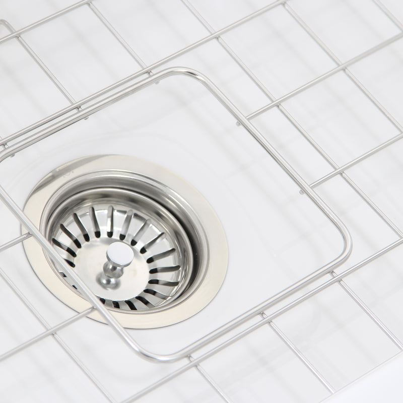 Nantucket Sinks Wellfleet-2719W close-up of the basket strainer inside the stainless bottom grid
