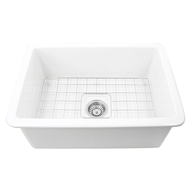 Nantucket Sinks Wellfleet-2719W 27" undermount sink elevated front view with grid and basket strainer