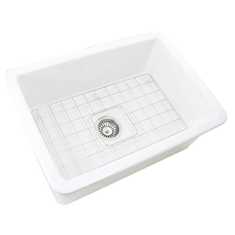 Nantucket Sinks Wellfleet-2719W white 27" single bowl fireclay undermount kitchen sink, three-quarter view with grid