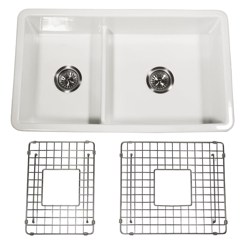 Nantucket Sinks Wellfleet-31OSW 60/40 double bowl sink with the two included grids and basket strainers