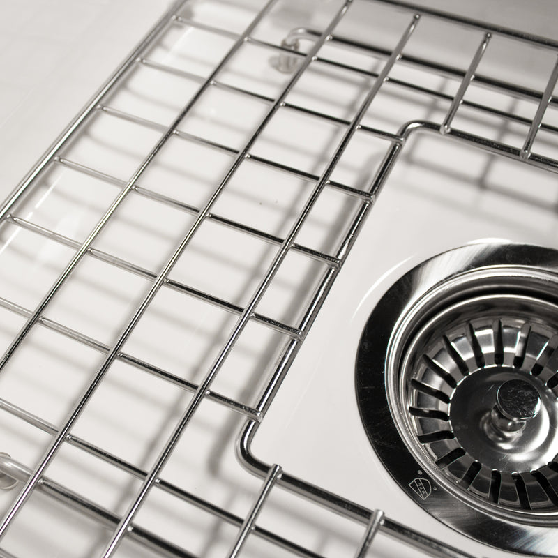 Nantucket Sinks Wellfleet-31OSW close-up of the stainless grid around the basket strainer