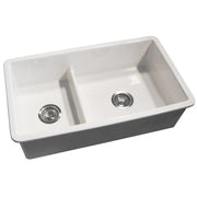 Nantucket Sinks Wellfleet-31OSW white 31" 60/40 double bowl fireclay kitchen sink, three-quarter view with drains
