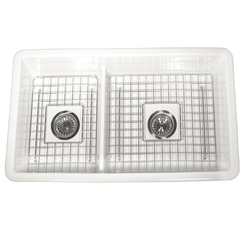 Nantucket Sinks Wellfleet-31OSW 60/40 double bowl sink from above with both grids and basket strainers