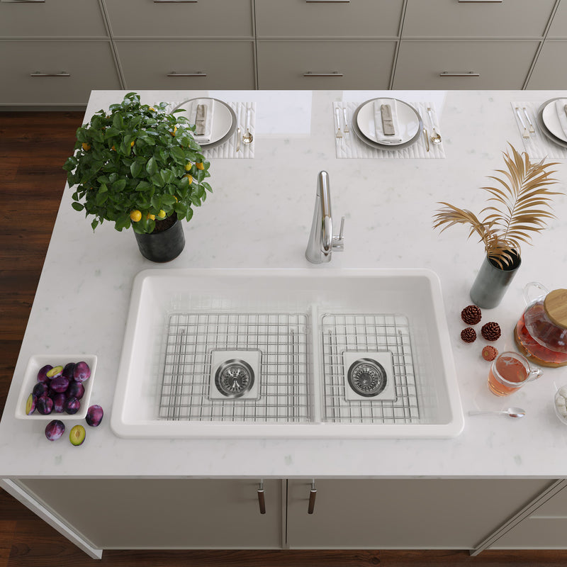 Nantucket Sinks Wellfleet-31OSW 60/40 double bowl sink from above in a white island with grids in both bowls