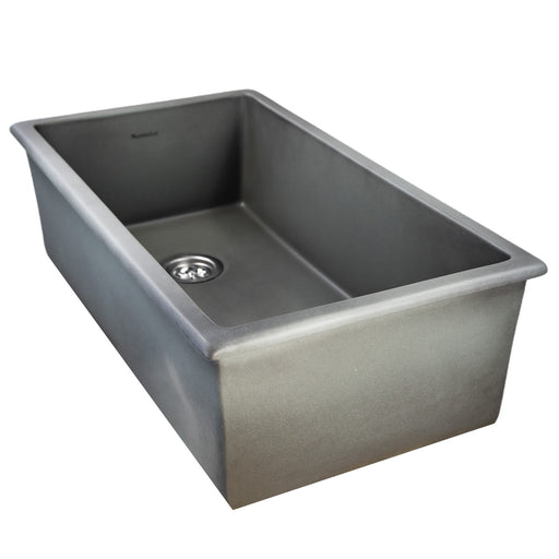 Nantucket Sinks Wellfleet-3419Concrete Concrete grey 34" single bowl fireclay kitchen sink, three-quarter view with drain