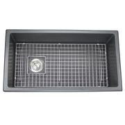 Nantucket Sinks Wellfleet-3419MatteBlack Matte Black single bowl sink elevated front view with grid and drain