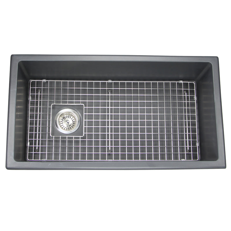 Nantucket Sinks Wellfleet-3419MatteBlack Matte Black single bowl sink elevated front view with grid and drain