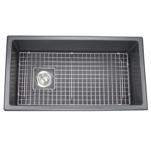 Nantucket Sinks Wellfleet-3419MatteBlack Matte Black single bowl sink elevated front view with grid and drain