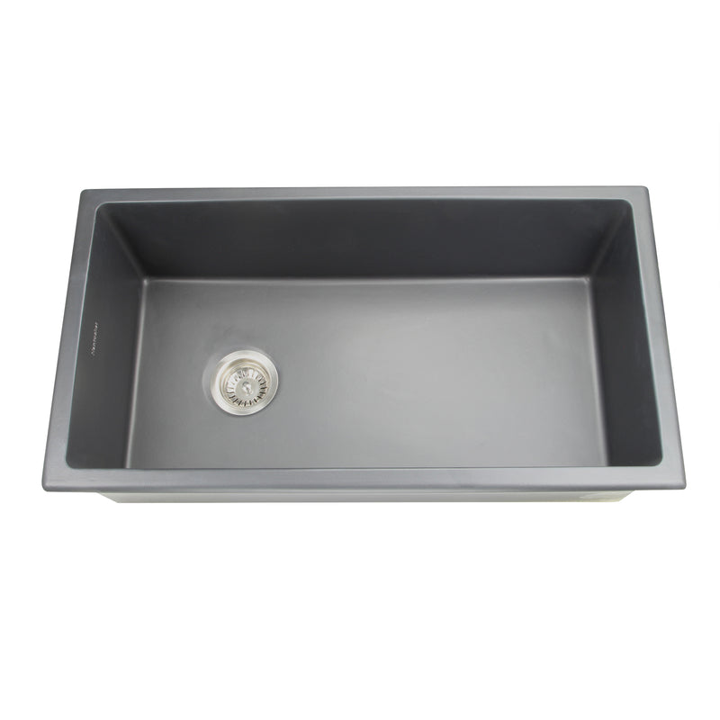 Nantucket Sinks Wellfleet-3419MatteBlack Matte Black single bowl sink elevated front view without grid