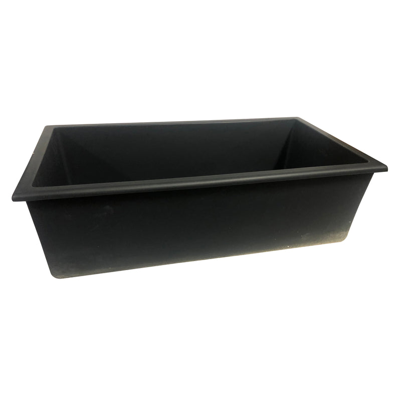 Nantucket Sinks Wellfleet-3419MatteBlack Matte Black single bowl sink elevated side view of the rim and body
