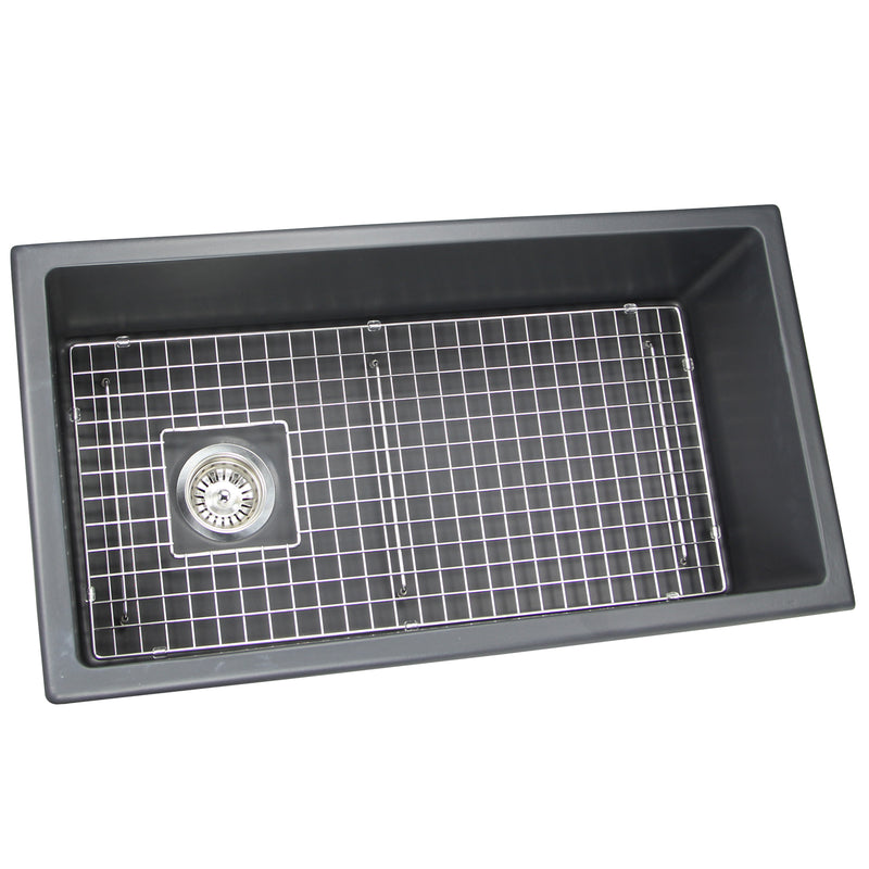 Nantucket Sinks Wellfleet-3419MatteBlack Matte Black 34" single bowl fireclay kitchen sink, three-quarter view with grid