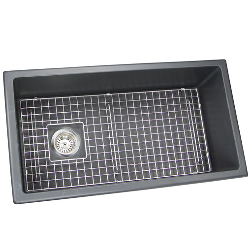 Nantucket Sinks Wellfleet-3419MatteBlack Matte Black 34" single bowl fireclay kitchen sink, three-quarter view with grid